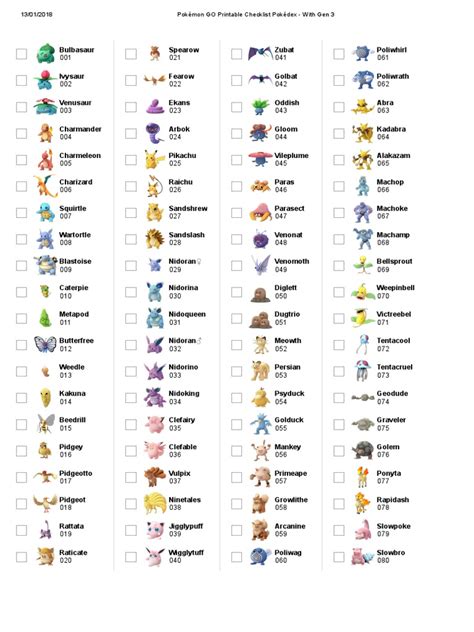 Printable Pokemon Checklist